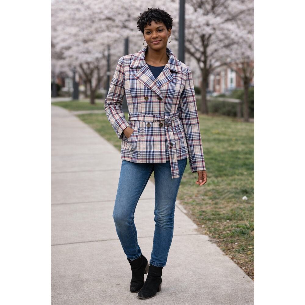 Tommy Hilfiger Plaid Rain Jacket Belted Double Breasted Preppy Size M Preppy